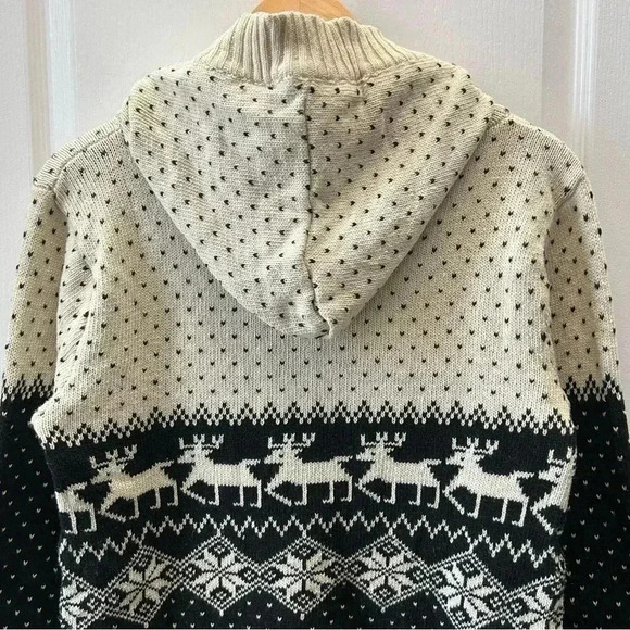 Hand Knit Cardigan Sweater Fair Isle Handmade Christmas Holiday Beige Black Smal - Picture 8 of 16